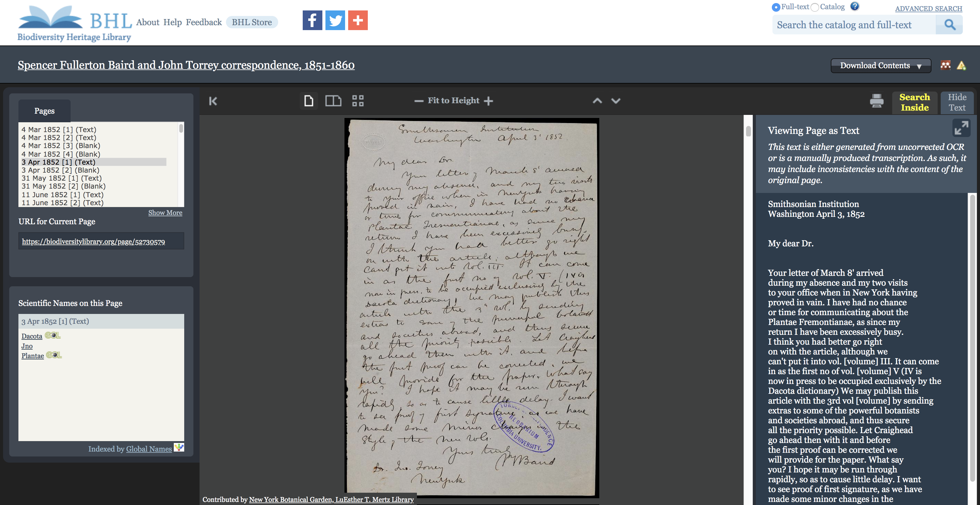 Book viewer in BHL with correspondence and crowdsourced transcription.