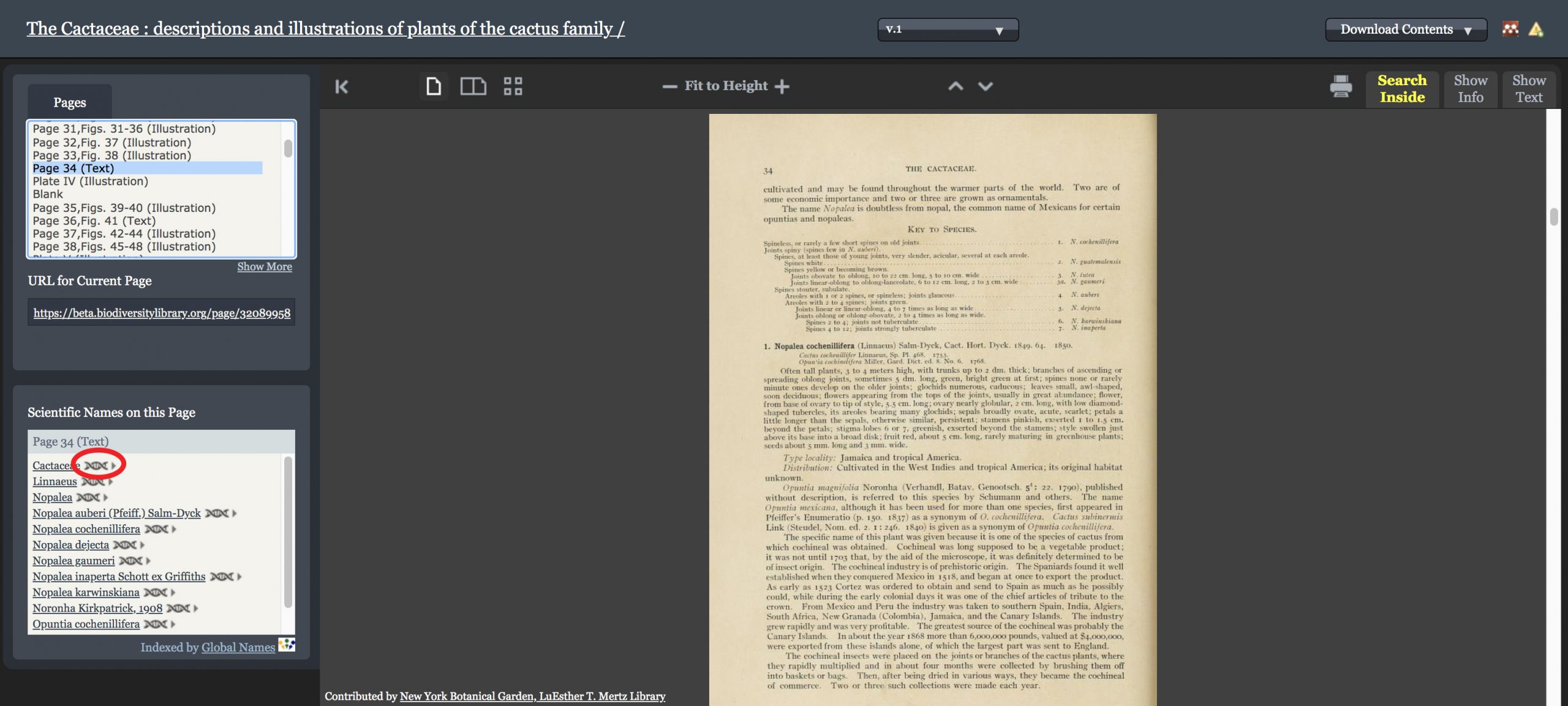 Digital book viewer interface with a page data module and scientific names on this page module. The DNA icon next to the scientific names module is circled.