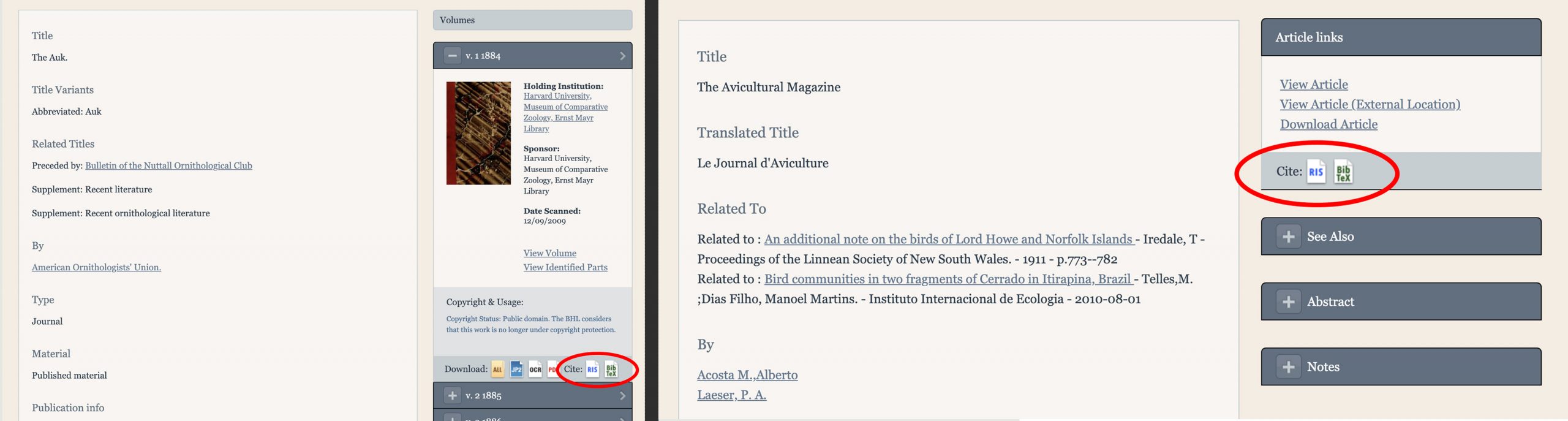 Screenshot of the citation download options in the BHL website.