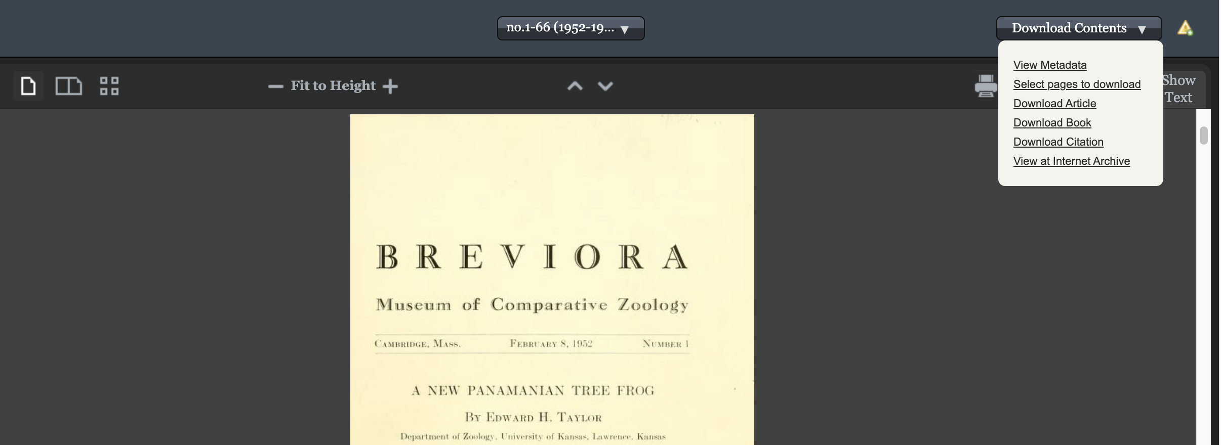 Screenshot of the Biodiversity Heritage Library book viewer showing options in the download contents dropdown menu.