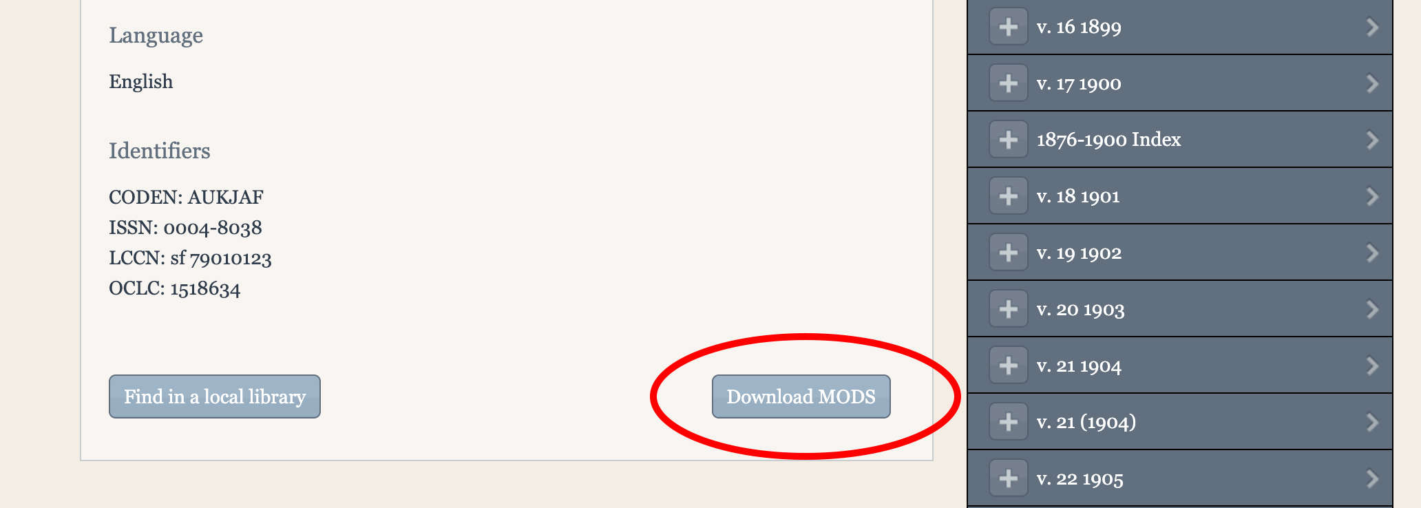 Screenshot of a title page in BHL with the "Download MODS" button circled.